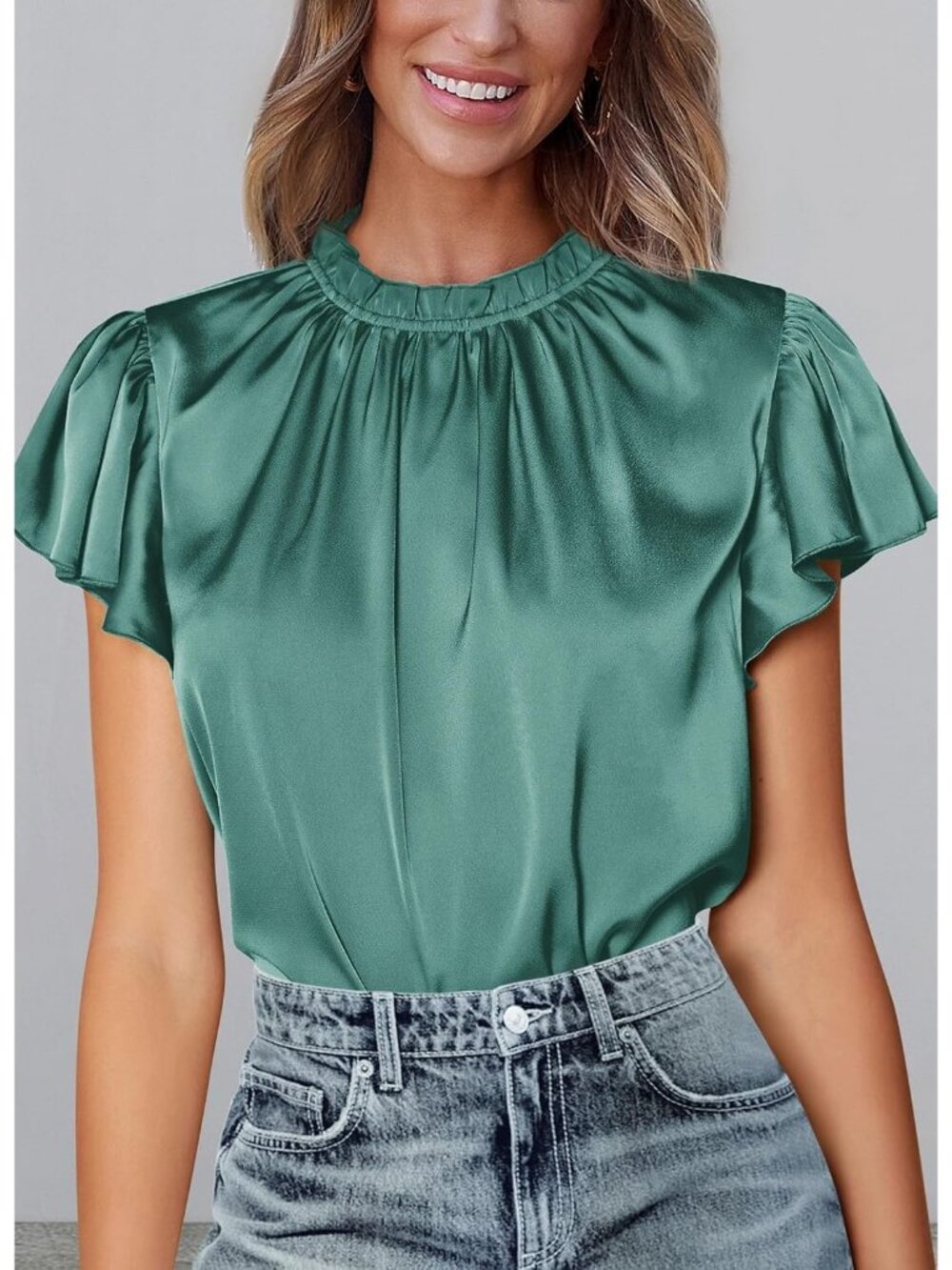 Women's Aqua Green Satin Blouse Ruffled Neck Flutter Sleeve Office Work Silk Top - Picture 6 of 6